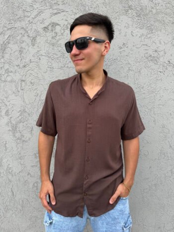 Camisa lino cuello mao chocolate